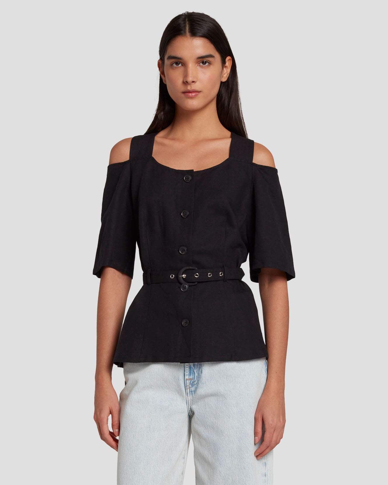 7 For All Mankind Tailored Off The Shoulder Top in Black 7N570F31BLK
