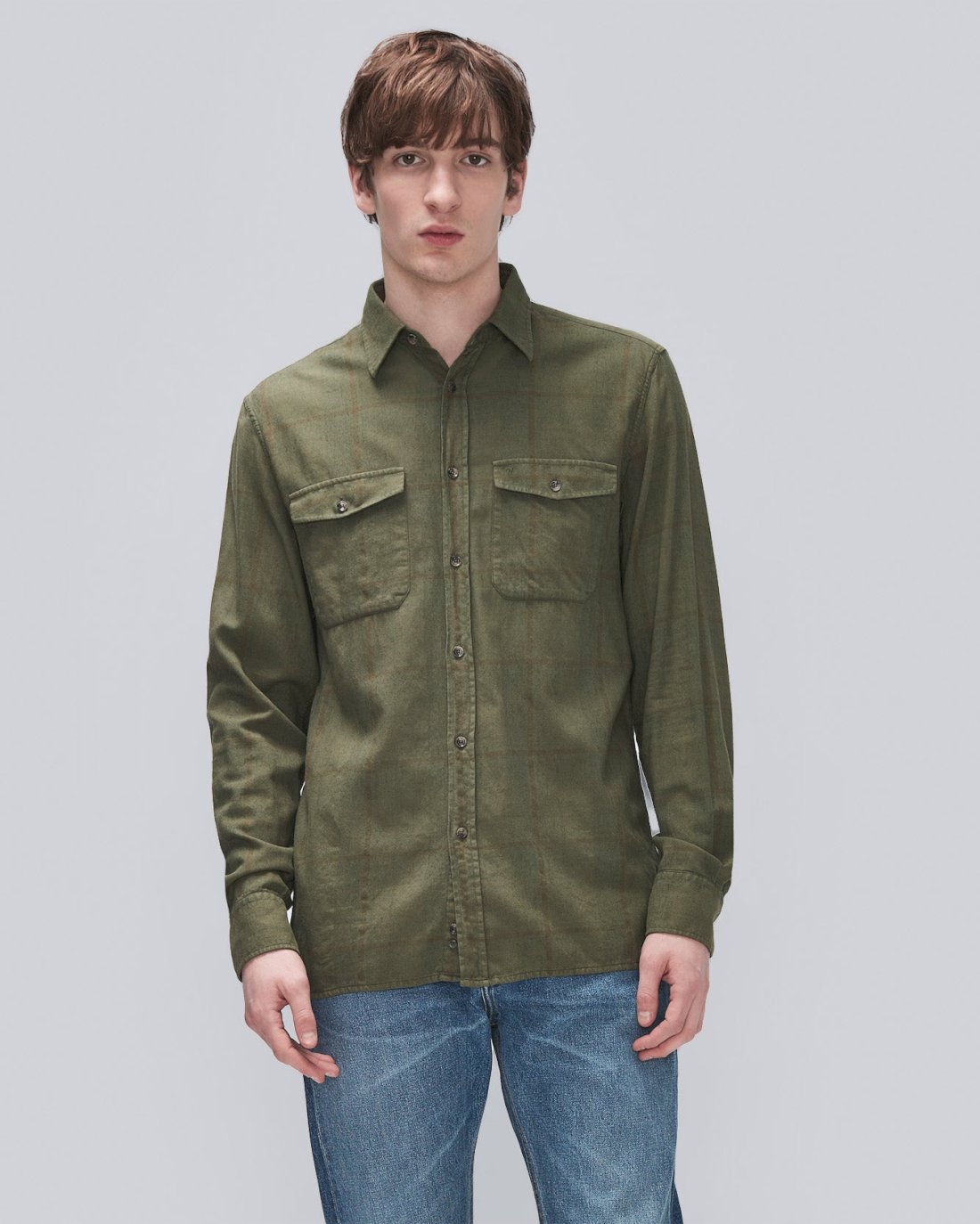 7 For All Mankind Overdyed Check Shirt in Army 7M544421ARM