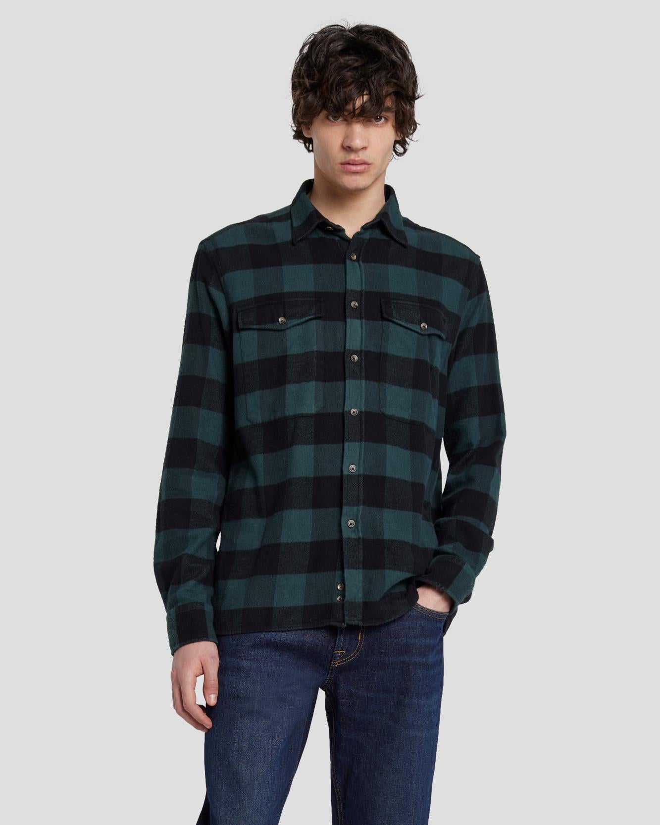 7 For All Mankind Flannel Overshirt in Hunter Green 7MSFMS36HUG