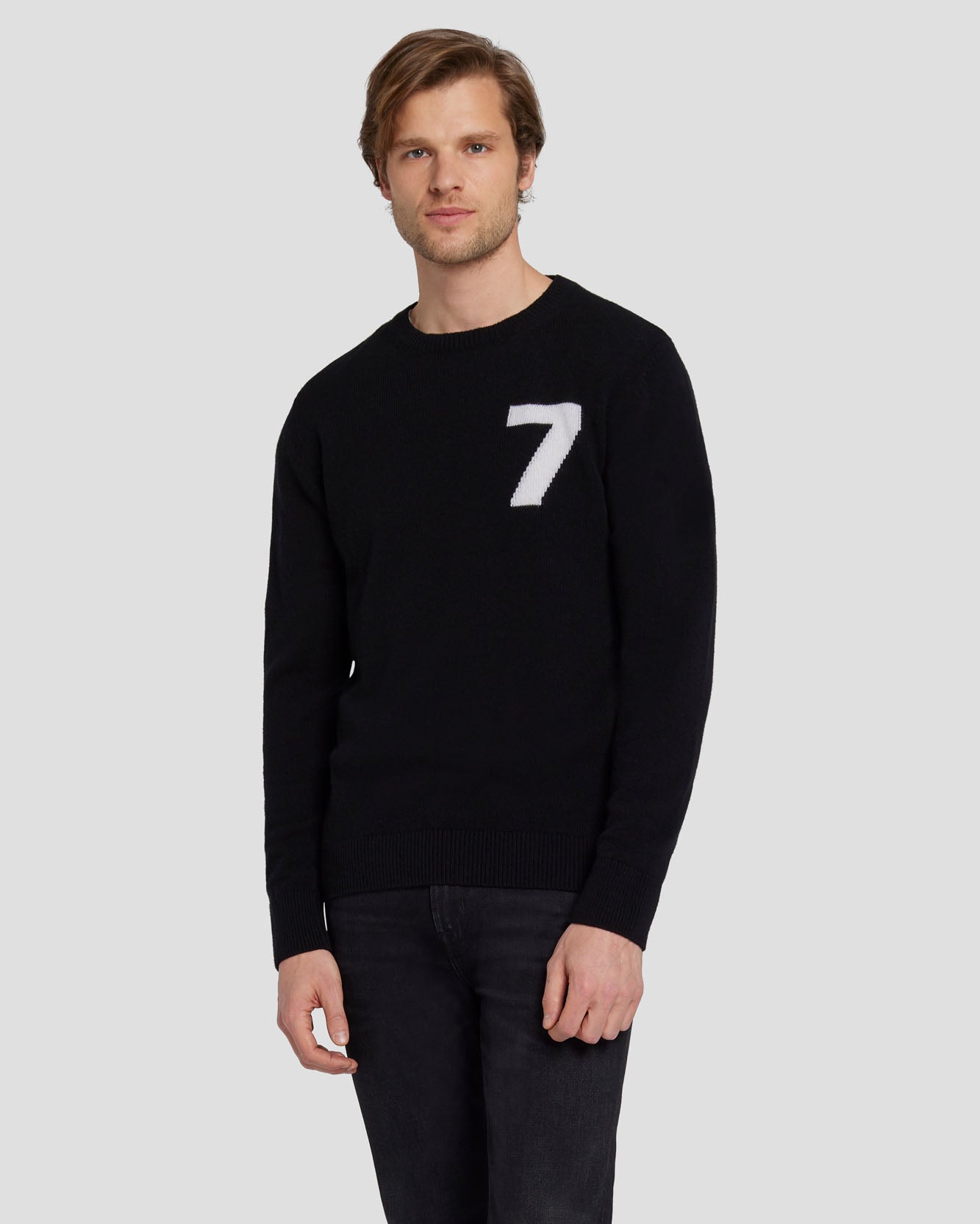 7 For All Mankind Cashmere Wool Instarsia Crewneck in Black 7MSHMY23BLK