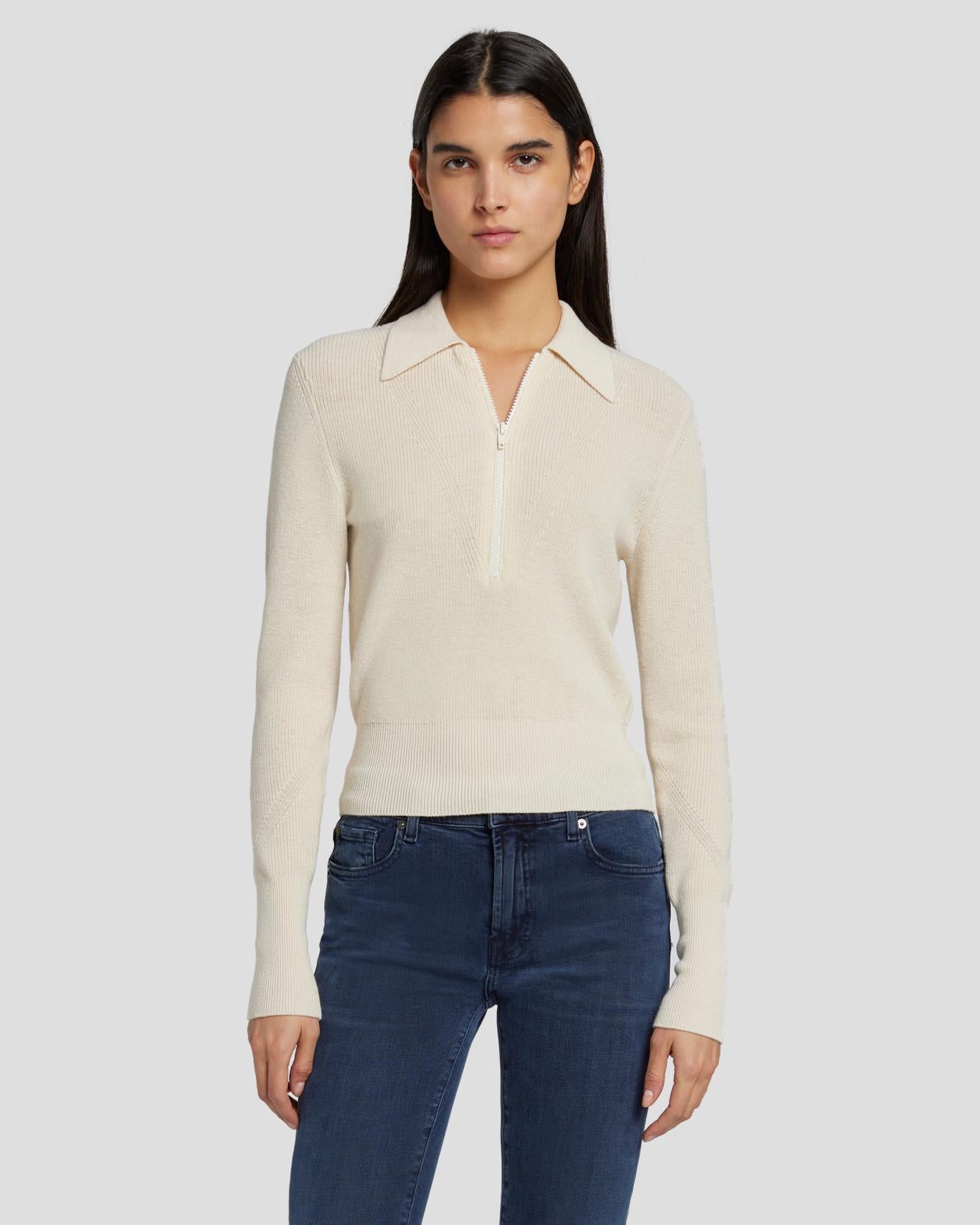 7 For All Mankind Quarter Zip Polo Sweater in Cream 7N120F35CRM