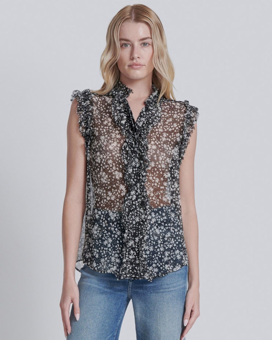 7 For All Mankind Sleeveless Ruffle Top in Black/White Print 7N480D45BWP