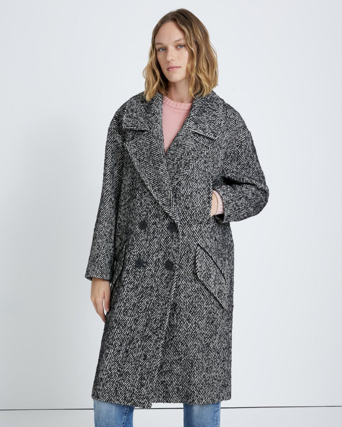 7 For All Mankind Double Breasted Wool Coat in Herringbone 7N934D28HRB