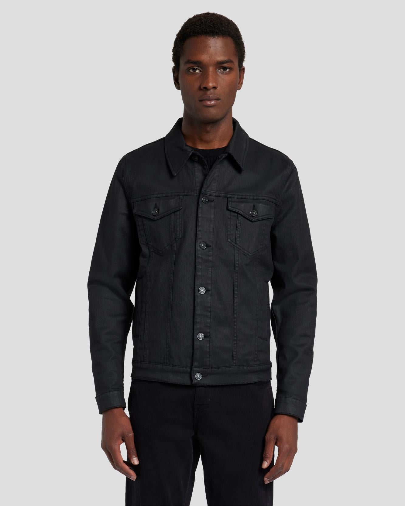 7 For All Mankind Perfect Trucker Jacket in Coated Black 7T924C90BLK