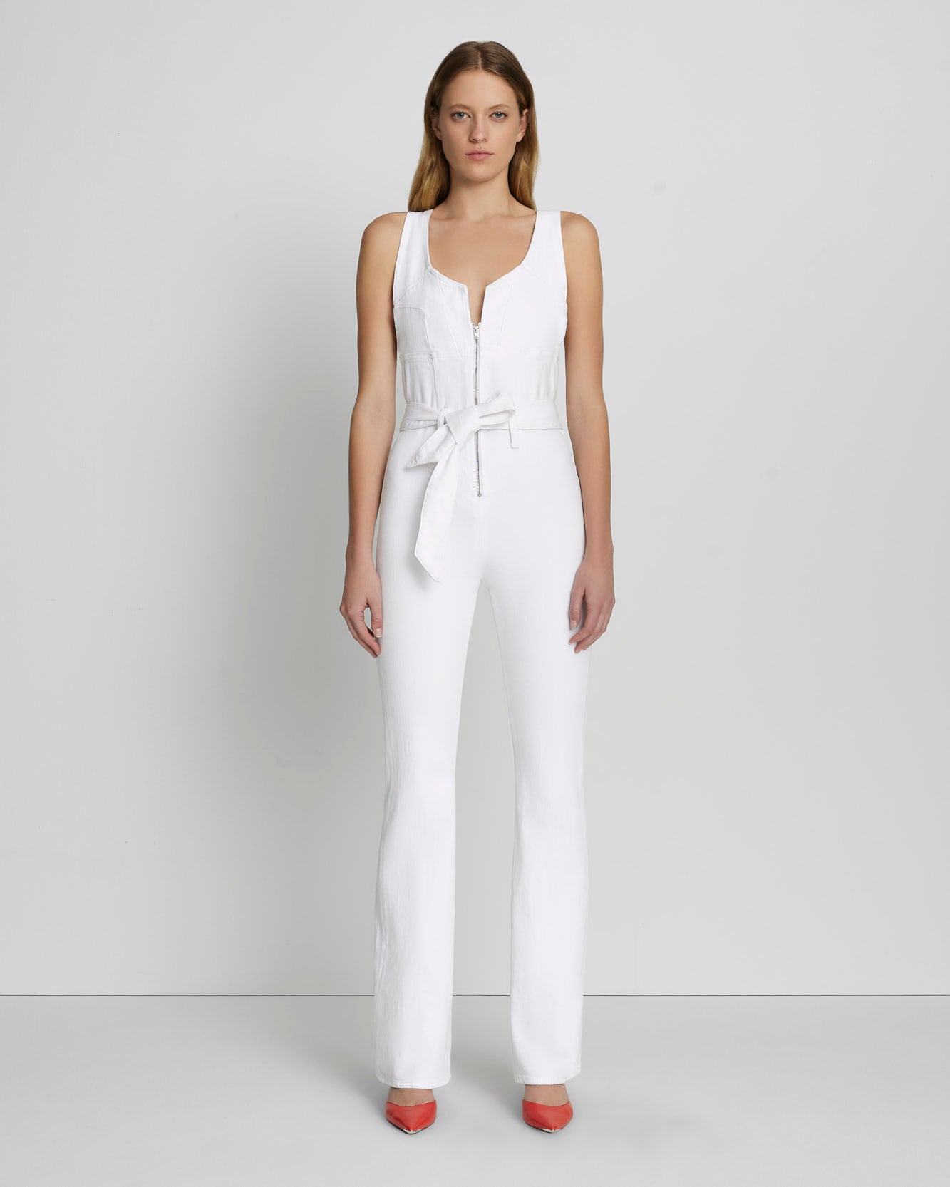 7 For All Mankind Front Zip Flare Jumpsuit in Brilliant White 7U892672BW4